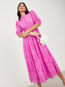 Styli - Puff Sleeve Self Design A-Line Midi Dress