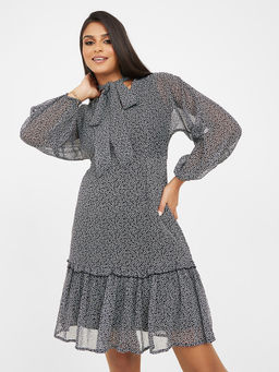 Styli - Neck Tie Up Full Sleeve Knee Length Dress