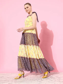 Miss Chase - Women's Multi-Coloured Shoulder Strap Floral Tiered Maxi Chiffon Dress