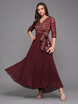 Miss Chase - Women's Wine V-Neck 3/4 Sleeve Floral Wrap Laced Maxi Party Dress