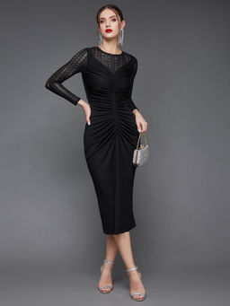 Miss Chase - Women's Black Round Neck Full Sleeve Laced Bodycon Midi Party Dress