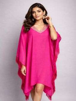 Mod & Shy - Womens Embroidered Lace Neck Pink Solid Kaftan Cover Up