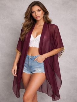 Mod & Shy - Womens Tessel Lace Detail Brown Sheer Longline Kimono Cover Up