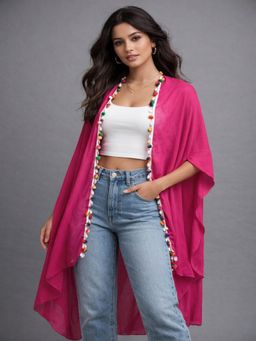 Mod & Shy - Womens Tessel Lace Detail Pink Sheer Longline Kimono Cover Up