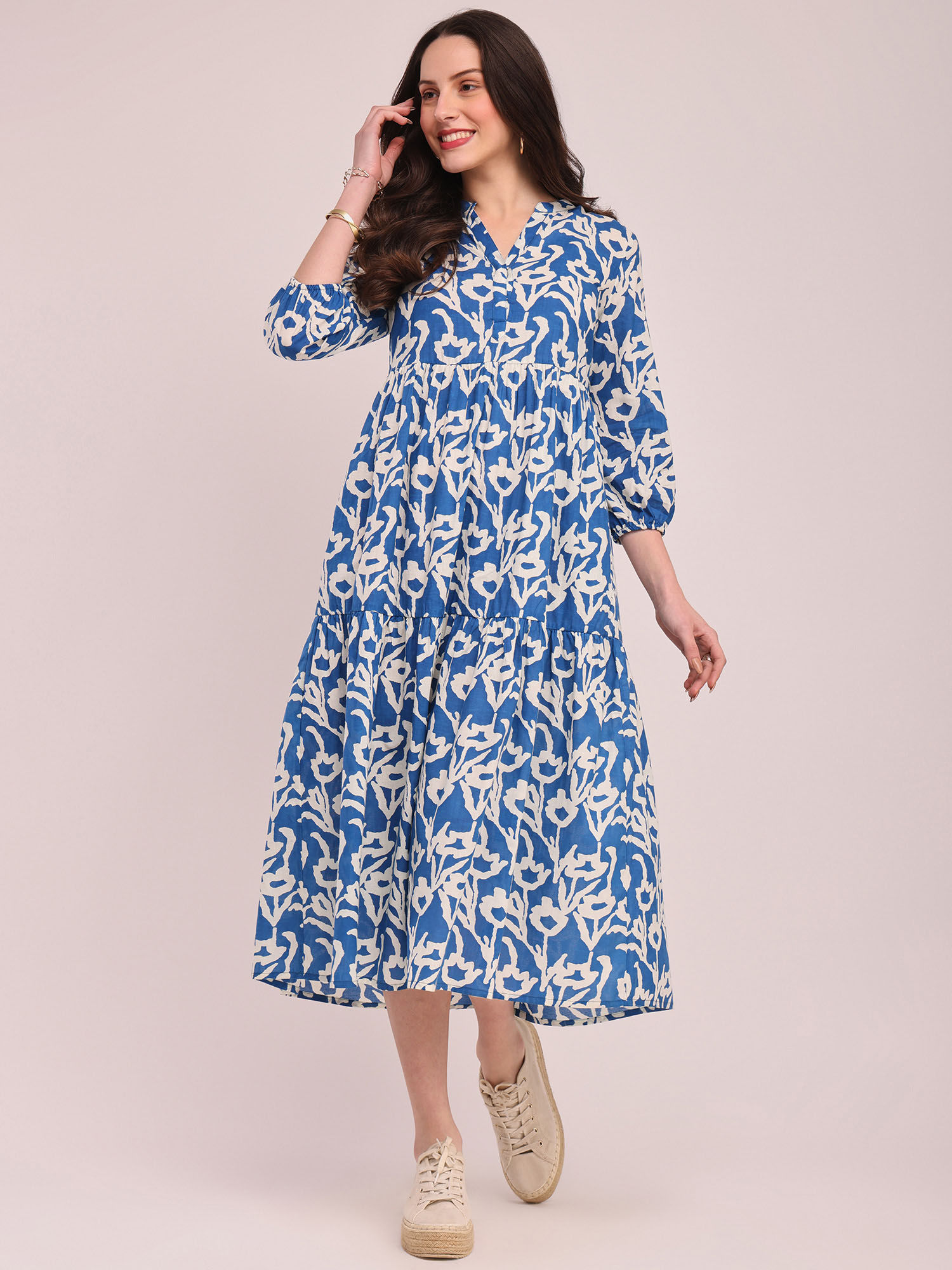Cotton Floral Print Tiered Dress - Blue-image-4