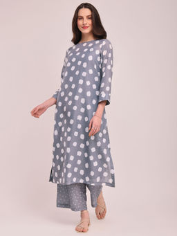 Pink Fort - Polka Print A-Line Kurta with Pant - Grey (Set of 2)