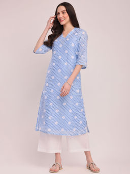 Pink Fort - Polka Print A-Line Kurta with Pant- Blue (Set of 2)