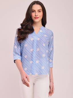 Pink Fort - Polka Print V-Neck Top - Blue