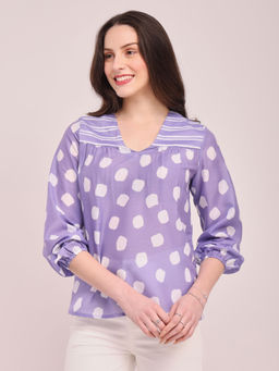 Pink Fort - Polka Print V-Neck Top - Lavender