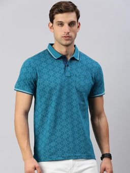 Classic Polo - Mens Printed Teal Cotton Slim Fit Half Sleeves Polo T-Shirt