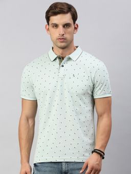 Classic Polo - Mens Printed Green Cotton Slim Fit Half Sleeves Polo T-Shirt