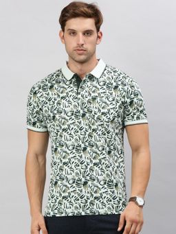Classic Polo - Mens Printed Green Cotton Slim Fit Half Sleeves Polo T-Shirt