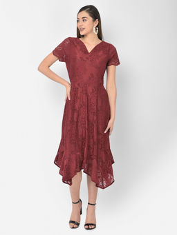 Latin Quarters - Maroon Lace Cap Sleeve A-line Dress With Ruffles