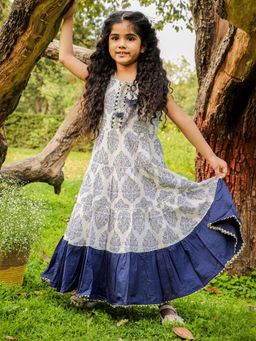 Lil Drama - Girls Stylish Printed Cotton Gown-Navy Blue