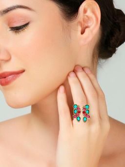 OOMPH - Maroon and Green Jadau Ring - Parrot Bird Design - Moti Manik Theme - for Women