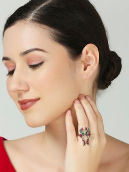 OOMPH - Maroon and Green Jadau Ring - Peacock Bird Design - Moti Manik Theme - for Women