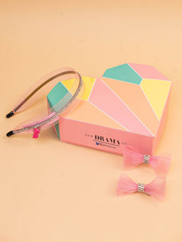 Hair Drama Co. - Barbie Crystal Net Gift Box with 1 Hair Bands & 2 Hair Bows-Pink