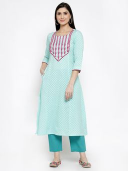 DART STUDIO - Cotton Jacquard Kurta With Hand Embroidery Blue