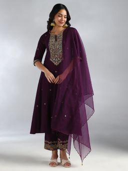 House Of Dharaa - Wine Embroidered Silk Kurta and Pant with Dupatta (Set of 3)