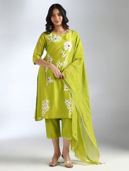 House Of Dharaa - Lime Green Floral Embroidered Kurta and Pant with Dupatta (Set of 3)