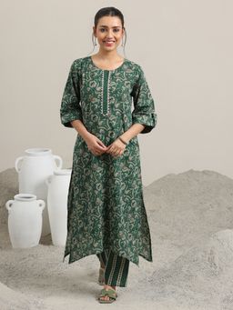 Libas - Green Printed Cotton Straight Kurta Sets for Women