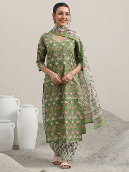 Libas - Green Floral Printed Straight Kurta and Salwar with Dupatta (Set of 3)