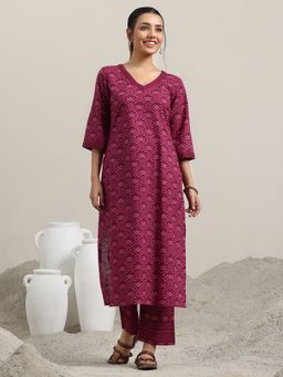 Libas - Burgundy Printed Cotton Straight Kurta Sets for Women