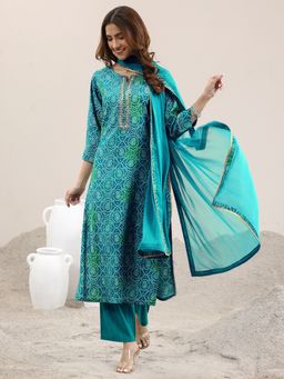 Libas - Blue Bandhani Printed Straight Kurta and Trouser with Dupatta (Set of 3)