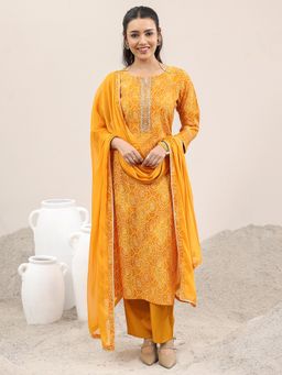 Libas - Mustard Bandhani Printed Straight Kurta and Trouser with Dupatta (Set of 3)