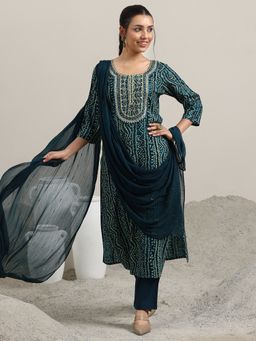 Libas - Navy Blue Bandhani Printed Straight Kurta and Trouser with Dupatta (Set of 3)