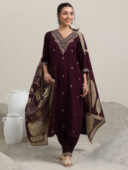 Libas - Wine Floral Embroidered Straight Kurta and Salwar with Dupatta (Set of 3)