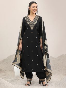 Libas - Black Floral Embroidered Kurta with Solid Salwar and Floral Printed Dupatta (Set of 3)