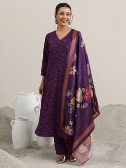 Libas - Purple Floral Printed A-Line Kurta and Trouser with Dupatta (Set of 3)