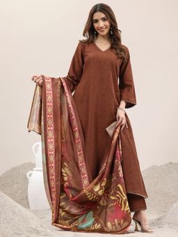 Libas - Brown Floral Printed A-Line Kurta and Trouser with Dupatta (Set of 3)