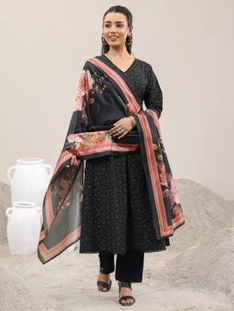 Libas - Black Floral Printed Kurta and Trouser with Dupatta (Set of 3)