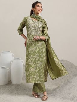 Libas - Green Floral Printed Straight Kurta and Trouser with Dupatta (Set of 3)
