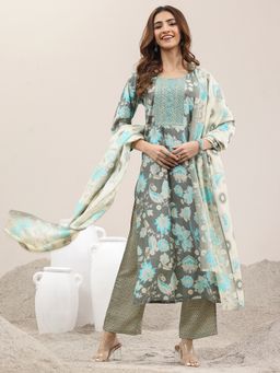 Libas - Grey Floral Printed Straight Kurta with Trouser and Dupatta (Set of 3)