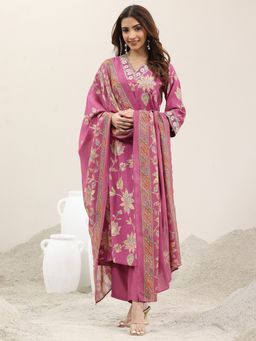 Libas - Pink Floral Printed Kurta with Solid Trouser and Floral Printed Dupatta (Set of 3)
