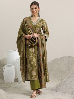 Libas - Olive Green Floral Printed Kurta with Solid Trouser and Dupatta (Set of 3)