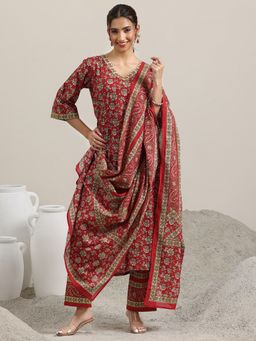 Libas - Red Floral Printed Straight Kurta and Trouser with Dupatta (Set of 3)