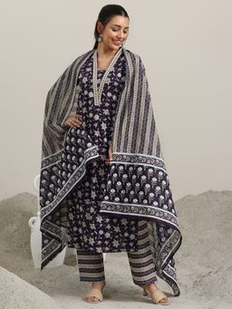 Libas - Purple Floral Printed Straight Kurta and Trouser with Dupatta (Set of 3)