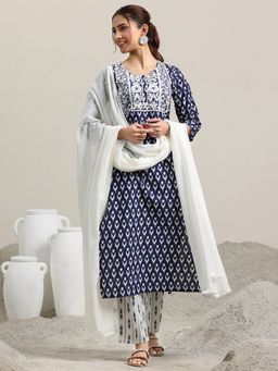 Libas - Indigo Printed Straight Kurta and Trouser with Dupatta (Set of 3)