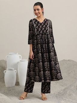 Libas - Black Printed Cotton Anarkali Kurta With Trousers
