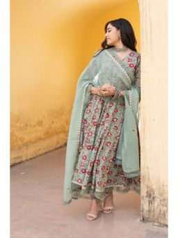 ASRUMO - The Green Red Handblock Anarkali with Doriya Dupatta (Set of 3)