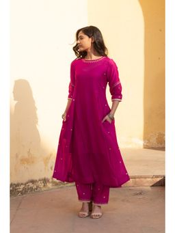 ASRUMO - Pink Chanderi Embroidered Three Kali Bandhani Kurta with Pant (Set of 2)