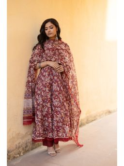 ASRUMO - Kota Doriya Red Handblock Print Anarkali Kurta and Pant with Dupatta (Set of 3)