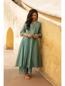 ASRUMO - Mint Green Mukaish Work Chanderi Three Kali Kurta with Pant (Set of 2)