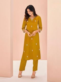 Odette - Mustard Chinon Embroidered Kurta and Pant (Set of 2)