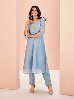 Odette - Light Blue Organza Embroidered Kurta and Pant (Set of 2)