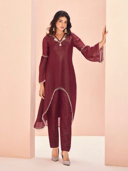 Odette - Wine Organza Embroidered Kurta and Pant (Set of 2)